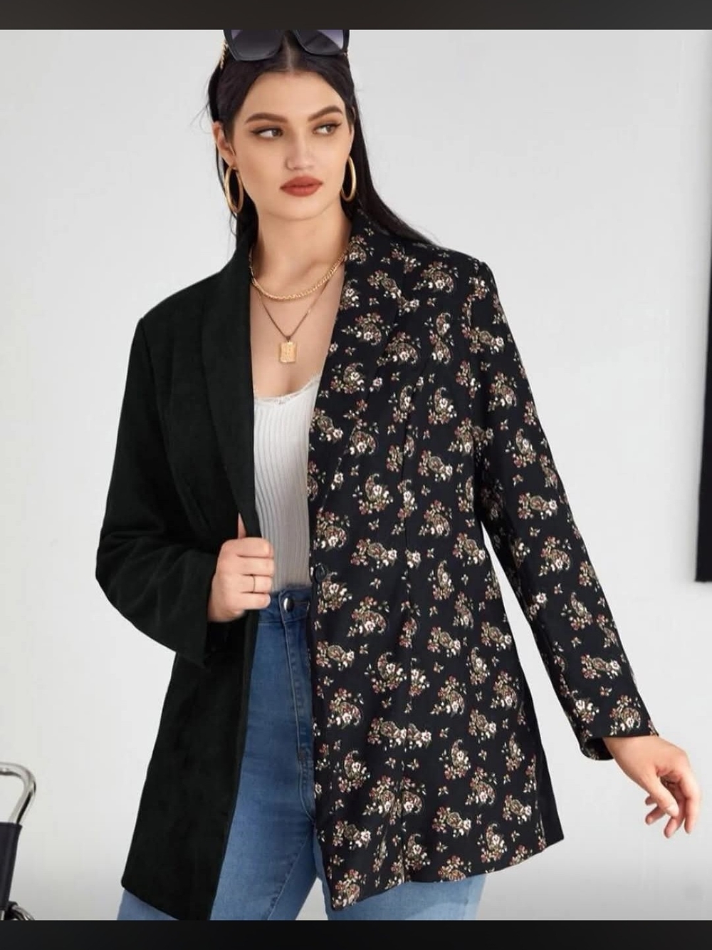 Floral-Print Black Mixed-Panel Blazer Jacket